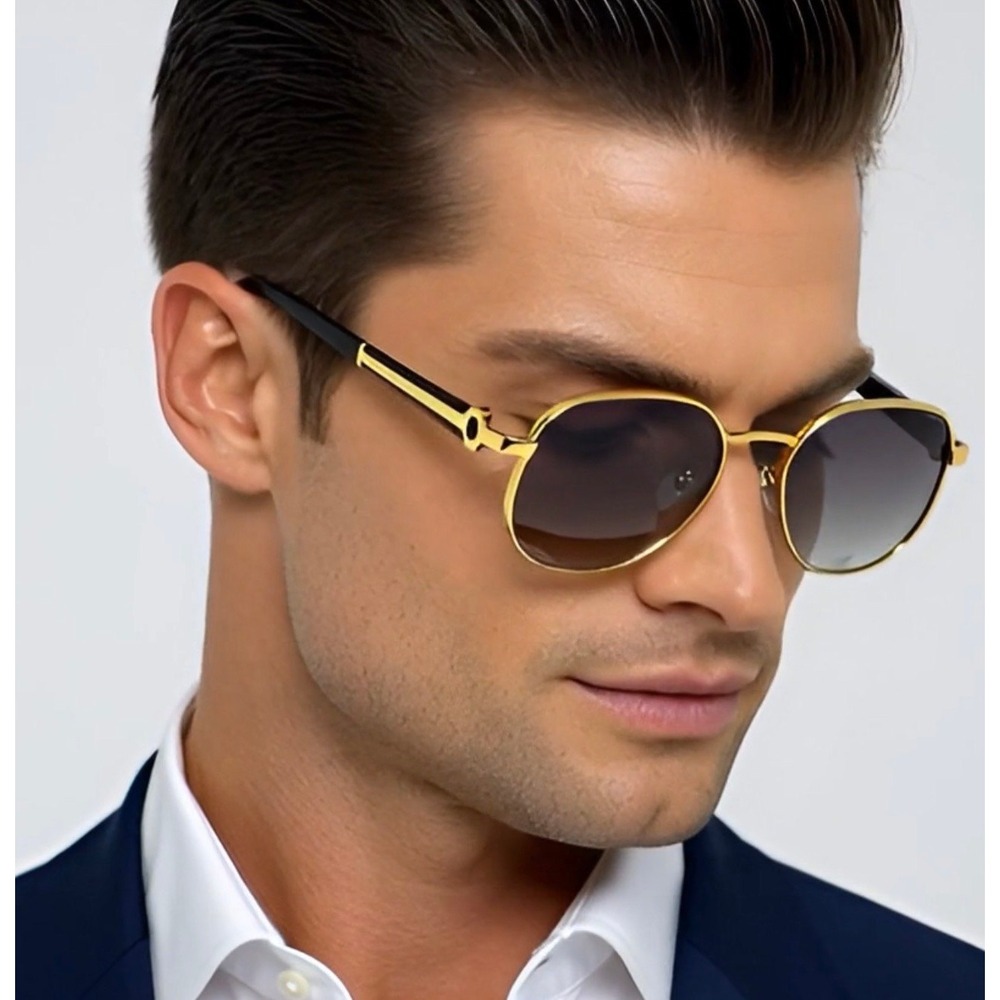 Mens Geometric Gold Metal Sunglasses Grey Gradient‎ Lens Black Wood Grain Style